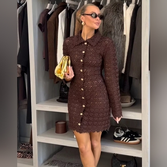Sz M NEW H&M Dark Brown Crochet-Look Dress : 1274541002 - Picture 2 of 4